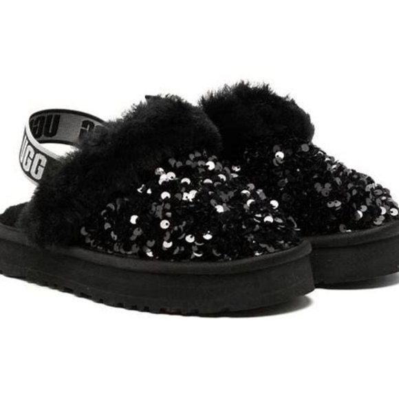 NIB YOUTH 4 WOMEN'S‎ 6 CHUNKY WEDGE SEQUIN SLIPPERS BLACK - Picture 1 of 8